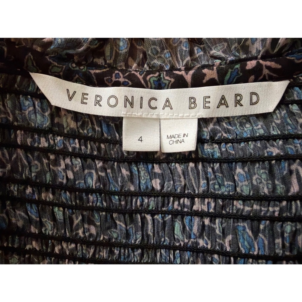 Veronica Beard Floral Smocked Neck Blouse Navy Blue Chiffon Top 4 - Picture 3 of 5
